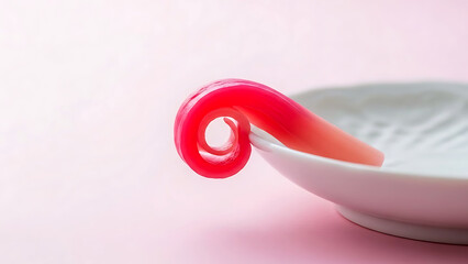 Japanese minimalist. a single piece of vibrant pink pickled ginger (gari) curled delicately on the edge of a pure white, bone china saucer, extreme focus on the texture 