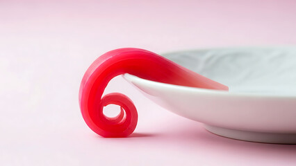 Japanese minimalist. a single piece of vibrant pink pickled ginger (gari) curled delicately on the edge of a pure white, bone china saucer, extreme focus on the texture 