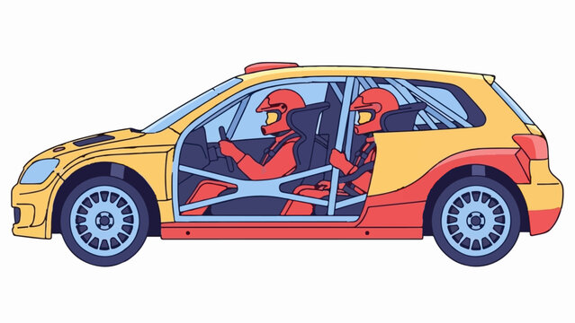 A graphic illustration of a two-person race car with drivers in red racing suits and helmets