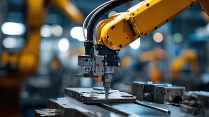 A close-up of a robotic arm in a factory setting, showcasing precision engineering and automation in manufacturing.