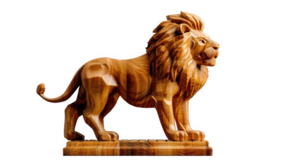 Detailed handcrafted wooden sculpture of a majestic standing lion featuring intricate grain and carved textures on transparent background