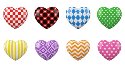 Heart shape collection including checkered, polka dot, striped, and star patterns isolated. Decorative 3d romantic ornaments set.