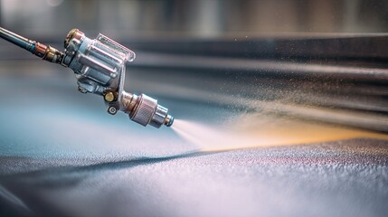 A close-up of a spray gun applying a fine mist of paint, highlighting the precision and detail in a creative process.