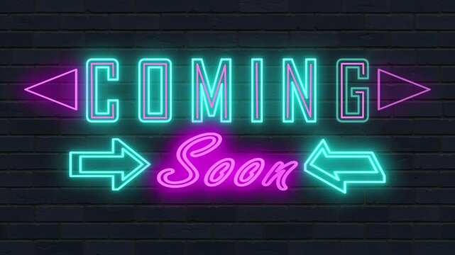 Retro Neon Sign Coming Soon with Arrows Perfect for Announcements and Promotions coming soon neon sign