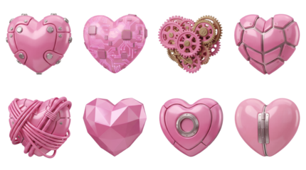 Pink mechanical heart set including robotic, circuit board, gear, armored, and cable variants isolated. Cybernetic and futuristic valentine collection.