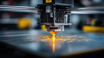 A close-up view of a 3D printer nozzle extruding filament onto a surface, showcasing the precision and technology involved in additive manufacturing.
