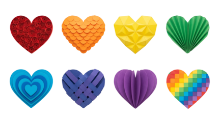Colorful paper heart set including quilled, origami, pleated, woven, and rainbow styles. Handmade craft and valentines day decoration collection.