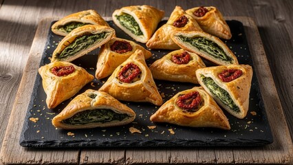Golden brown triangular savory pastries filled with spinach and sun-dried tomatoes arranged on a dark slate tray