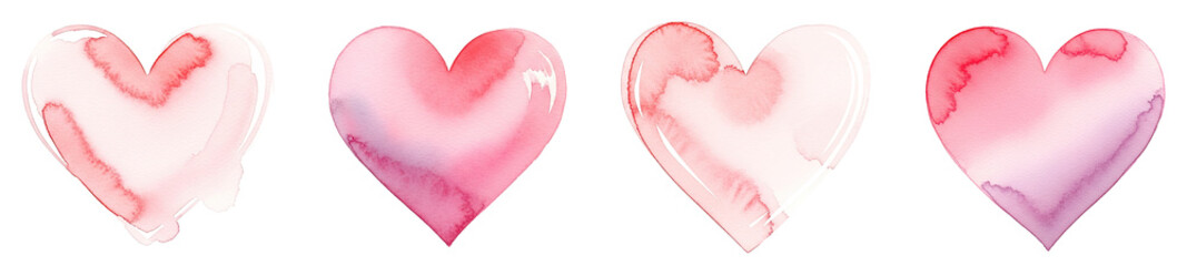 A delicate collection of four hand-painted watercolor hearts featuring glossy highlights, soft pink gradients, and artistic wet ink textures suitable for romantic designs.