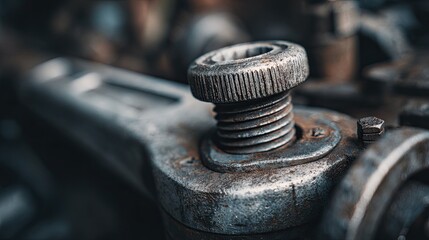 A close-up of a metallic mechanical component showcasing intricate details and a weathered texture, indicating age and use.