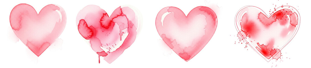 Set of four hand-painted pink watercolor hearts with artistic textures and paint splatters on a transparent background