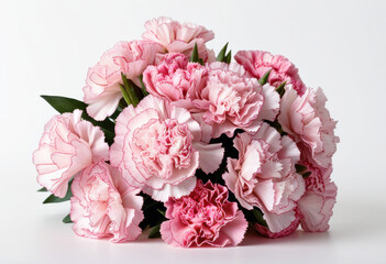 Pink carnation bouquet, white background, traditional style, ruffled petals, classic arrangement, fresh blooms