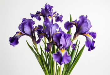 Iris bouquet on white background, purple irises, elegant petals, tall stems, classic arrangement, spring flowers, fresh blooms