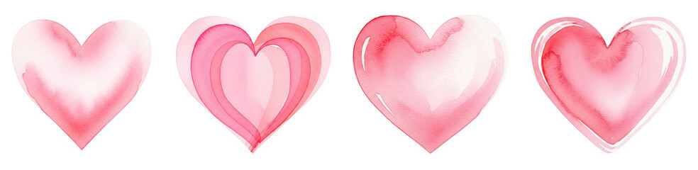 Set of four soft pink and red watercolor hearts with varied layered and glossy textures, on a transparent background