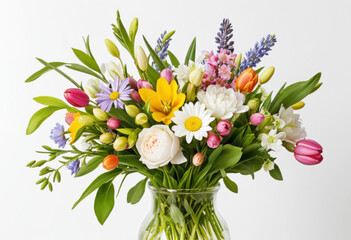 Mixed spring bouquet, tulips and daffodils, white background, seasonal flowers, cheerful arrangement, natural beauty, botanical art