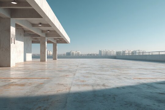 Concrete parking garage roof under blue sky