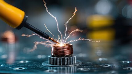 A close-up image of a soldering process, showcasing sparks and electrical activity from a soldering iron on a copper coil.