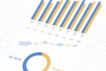 Data visualization market share and growth trends, blue and yellow financial bar charts line graphs donut chart isometric selective focus