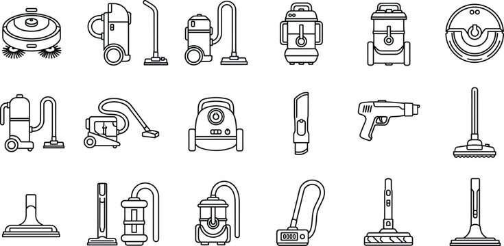 Set of vacuum cleaner icons including robotic, upright, handheld, wet dry models and accessories for cleaning technology and appliance design.