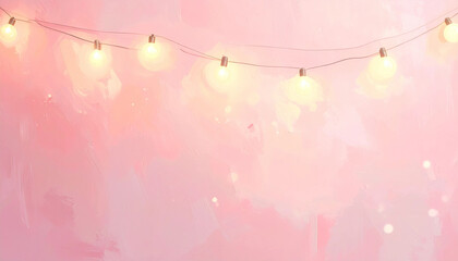 Hanging string lights garland on pink painted wall background