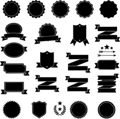 Vintage badge and ribbon silhouettes set. Vector illustration of blank retro labels, sunburst seals, heraldic shields, and decorative banners. Collection of design elements for logos, warranty stamps,