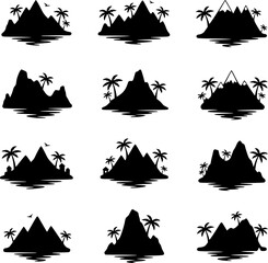 Set of tropical island silhouettes with mountains and palm trees. Vector illustration of exotic paradise landscapes with water reflections. Minimalist ocean island icons isolated on white background f