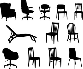 Set of various chairs and armchairs silhouettes. Vector illustration of furniture icons including office chairs, classic armchairs, dining chairs, and a sun lounger. Interior design elements isolated