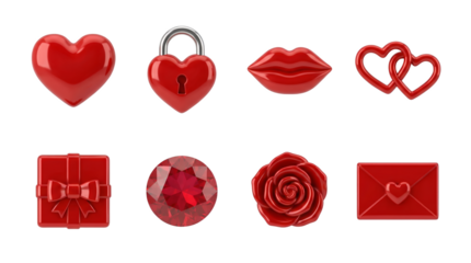 Valentine's Day romantic icon set including glossy red heart, lock, lips, rose, and gift box isolated. Love and anniversary holiday 3d elements collection.