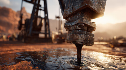 Close up of industrial oil pump dripping heavy crude fuel onto muddy ground showing hope energy production power business industry technology