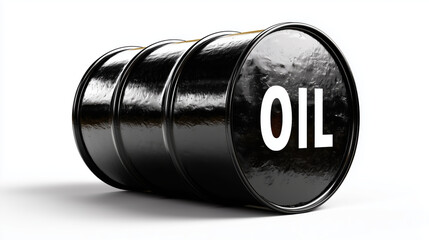 Single black oil barrel container lying down on white background representing fossil fuel energy crisis and petroleum industry storage problem
