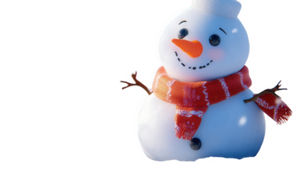 Adorable happy snowman wearing a textured orange and white striped winter scarf featuring bright black eyes and a carrot nose on transparent background