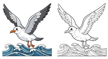 Obraz premium Seagull Standing on Ocean Waves With Outstretched Wings Illustration for Tattoo Design