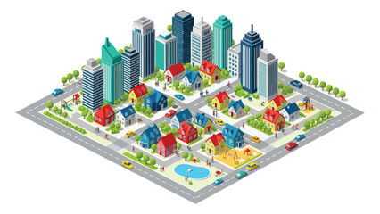  Smart City Landscape Vector Illustration &ndash; Modern City Center with Buildings, Airplane and Park People.eps