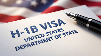 Obraz premium H-1B Visa: A close-up shot of an H-1B visa application, with a pen, against the backdrop of the american flag. A symbol of international professionals and opportunities.