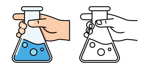 Hand holding laboratory flask icon set in color and outline style