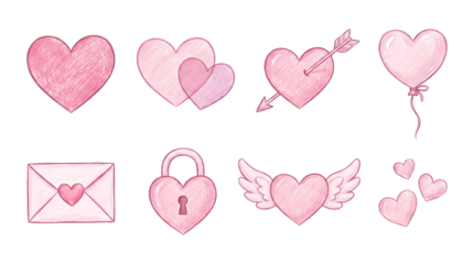 Pink heart collection including sketches of padlocks, wings, envelopes, arrows, and balloons. Romantic hand drawn doodles for valentines day and wedding decorations.