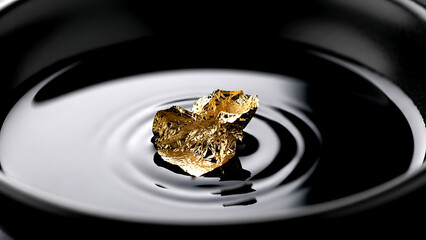 Luxury minimalism of a single gold leaf flake floating on the surface of dark soy sauce in a black ceramic bowl, capturing the precise moment before absorption 