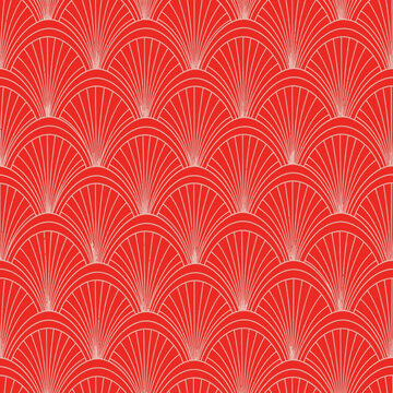 Seamless Art Deco fan pattern on a vibrant red background, elegant graphic design for textiles, wallpaper, and digital projects, vintage geometric texture.