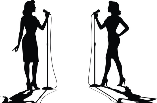 Silhouette illustration of two women singing with microphones on stage representing music performance, concert, entertainment, vocal art, dramatic shadows