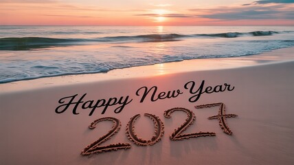 Sunset Beach Scene Celebrating 2027 New Year with Sand Written Greetings and Warm Colors