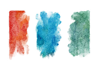 Three vertical watercolor paint swatches in red, blue, and green, isolated on white, suitable for vector-style design, templates, and branding.