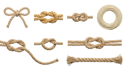 Natural hemp rope set including decorative bow, figure eight, square, and slip knots isolated. Nautical and marine cordage collection.