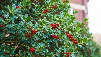 Obraz premium Vibrant holly bush with red berries