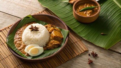 Nasi dagang, steamed rice with coconut milk and tuna fish curry