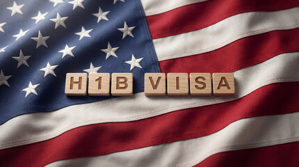 H1B Visa against the American flag: The H1B visa, a symbol of international workforce mobility, is dramatically displayed against a backdrop of the iconic American flag.