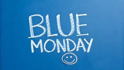 Chalkboard displays the phrase blue monday with a smiling face doodle