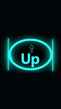 Neon up arrow animation motion graphics abstract background digital interface vertical video. Animated neon up arrow hud element cyberpunk loading screen progress indicator vertical video.