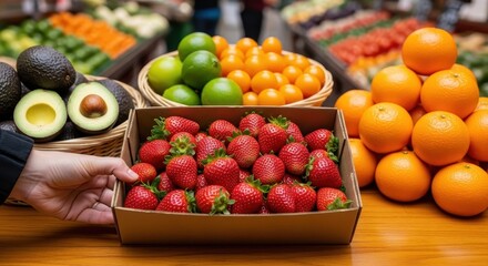 Fresh strawberries and other vibrant fruits beautifully displayed at a bustling market harvest stall.