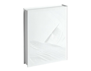 A pristine white hardcover book with abstract textural relief art
