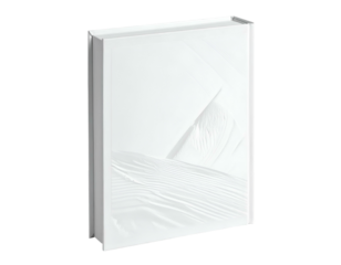 A pristine white hardcover book with abstract textural relief art